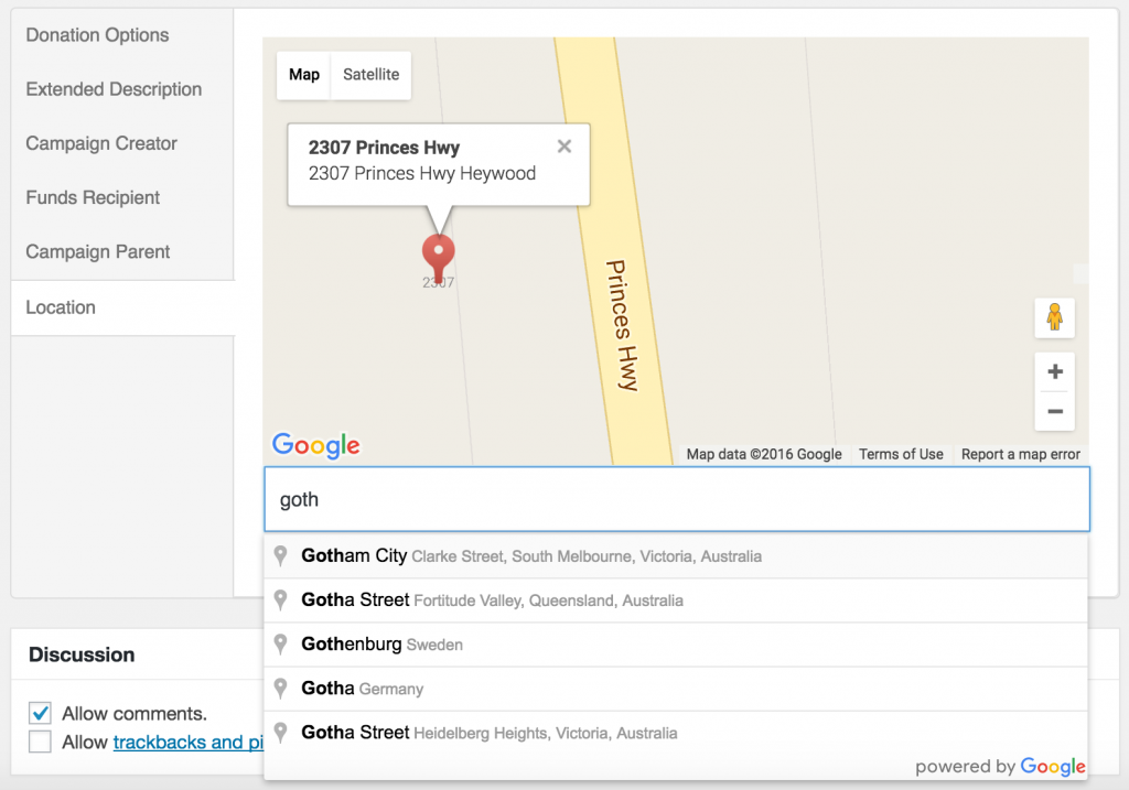 Geolocation Admin Location Field | Charitable Screenshot of Geolocation Admin Location Field