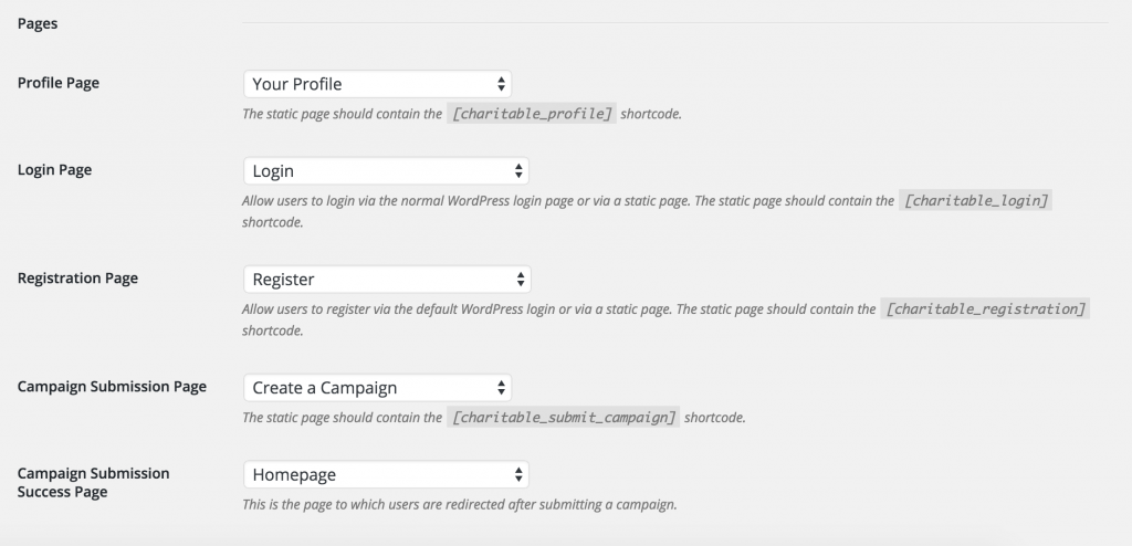 Charitable page settings