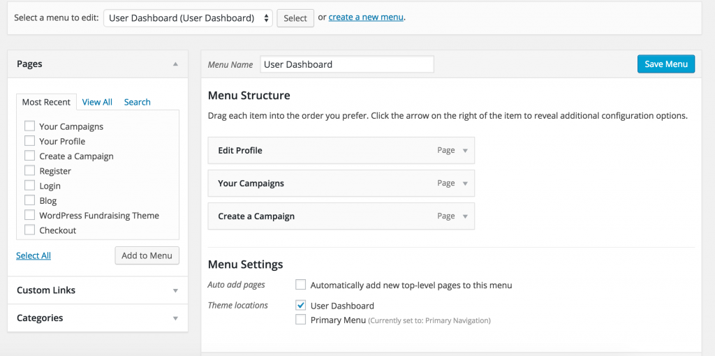 User Dashboard Menu