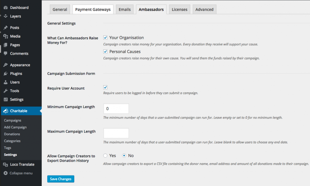 Charitable Ambassadors settings page