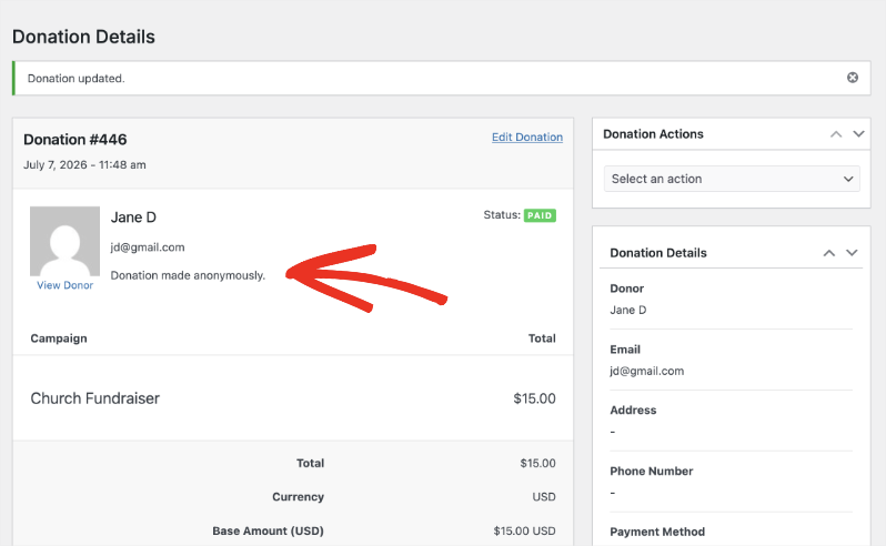 Anonymous donation in donors