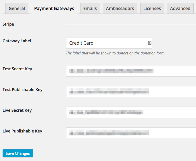 The Stripe gateway settings page in Charitable.