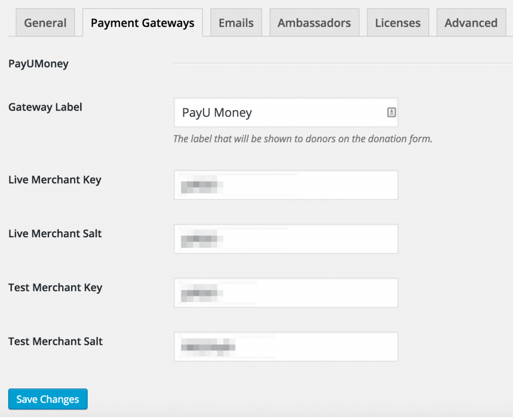 PayUMoney gateway settings in Charitable