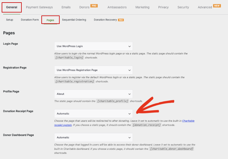 Donation receipt page settings | Charitable Donation receipt page settings