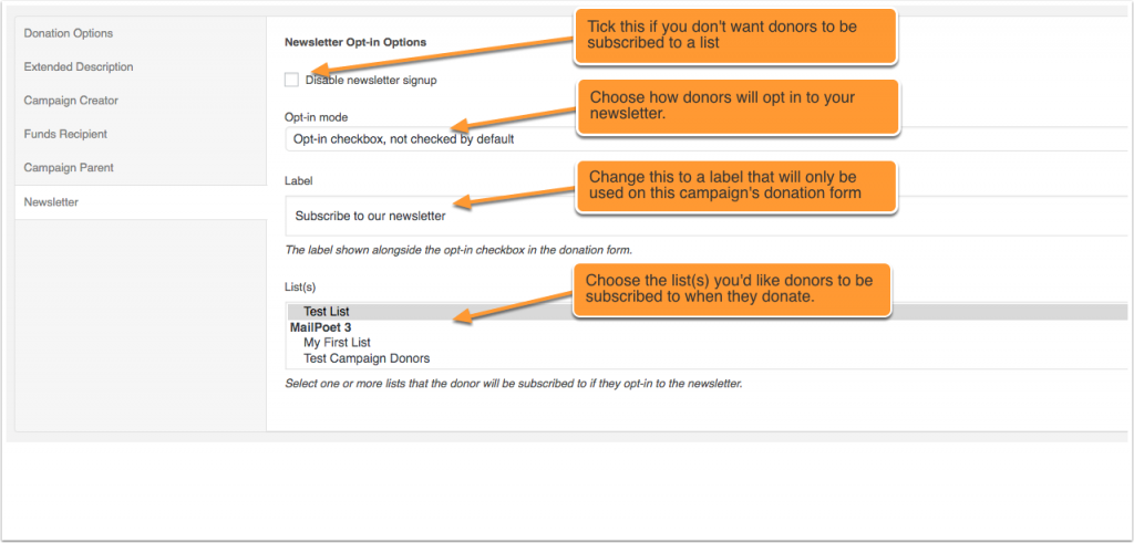 Screenshot showing campaign newsletter settings for MailChimp, Campaign Monitor and MailPoet in WordPress.