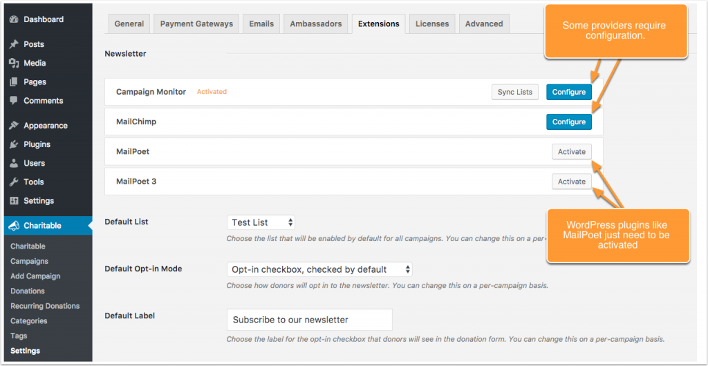 Screenshot showing how providers are activated & configured.