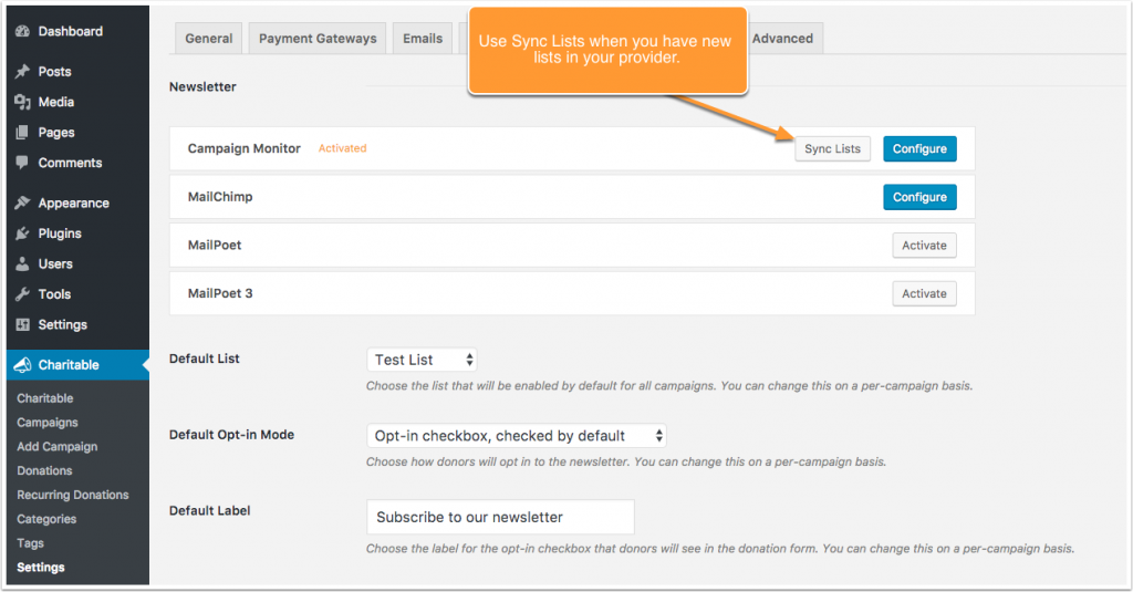 Screenshot showing how lists can be fetched from a provider like MailChimp or Campaign Monitor in WordPress with Charitable Newsletter Connect.