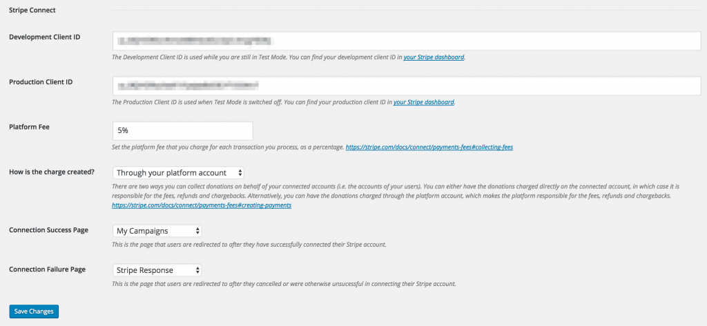 Screenshot of Charitable settings to configure Stripe Connect