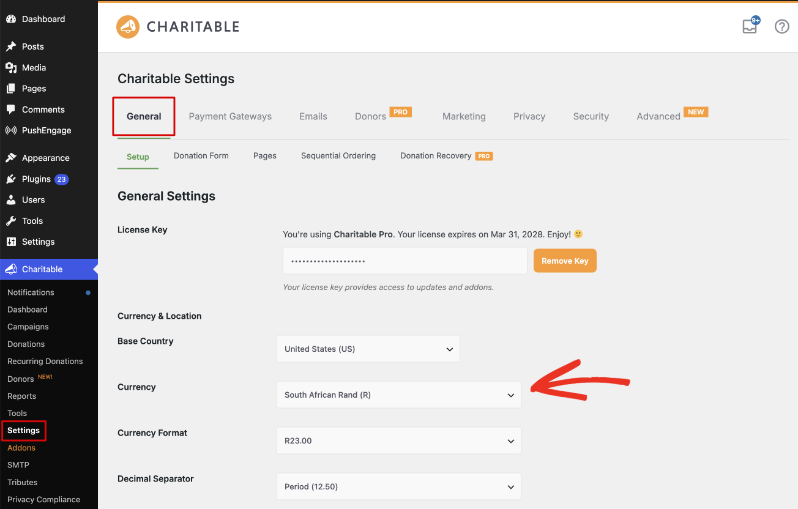 cureency settings in charitable | Charitable Charitable Pro General Settings page with the currency dropdown set to South African Rand (R).