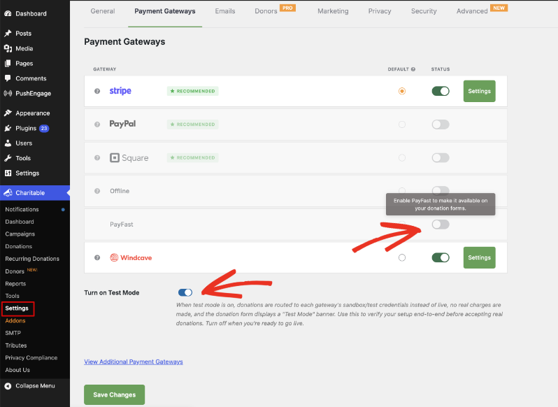 enable payfast gateway | Charitable Charitable Payment Gateways settings showing Stripe, PayPal, Square, Offline, Payfast and Windcave with toggle switches, a green Settings button, and a Turn on Test Mode toggle at the bottom.