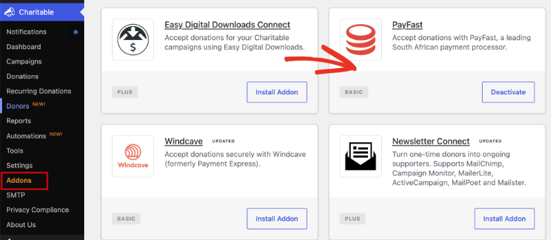 payfast addon | Charitable The Payfast addon in the Charitable Addons screen, with an Install Addon button.