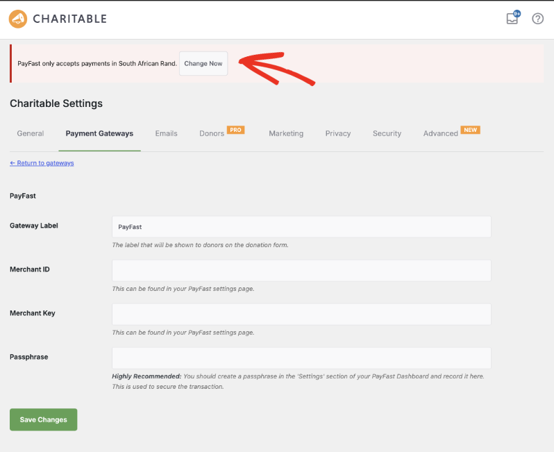 payfast only accepts south african rand | Charitable Charitable notice bar explaining that Payfast only accepts South African Rand, with a Change Now button.