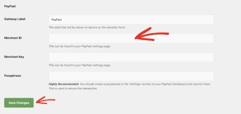 payfast settings page | Charitable Payfast gateway settings form in Charitable with fields for Gateway Label, Merchant ID, Merchant Key and Passphrase, and a Save Changes button.