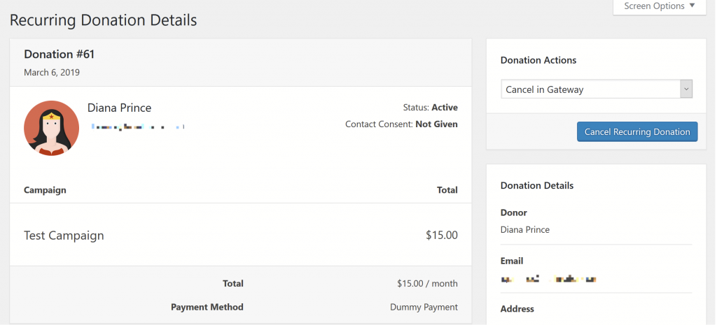 Screenshot of Recurring Donation page highlighting how to cancel a subscription.