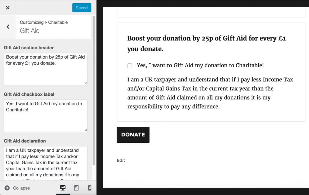 Screenshot of Customizer Settings for Gift Aid