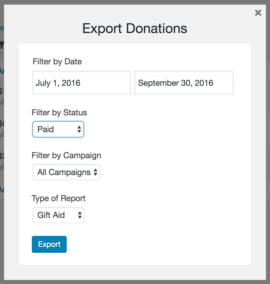 Screenshot of Gift Aid Donations export form