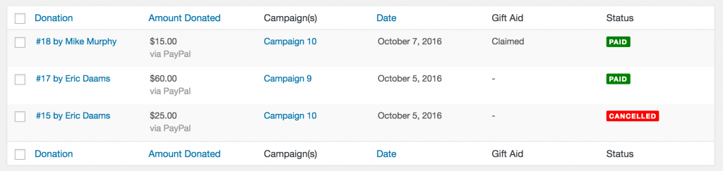 Screenshot of Donations table with Gift Aid column