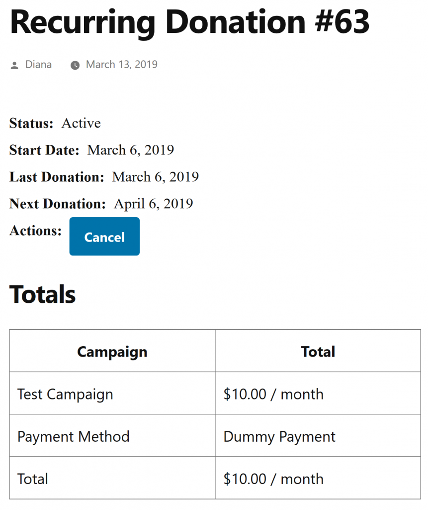 Recurring Donations Cancel Donation | Charitable Screenshot of front-end Recurring Donation receipt with button to cancel.