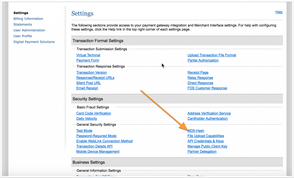 Screenshot of Authorize.Net settings page with arrow to MD5-Hash link