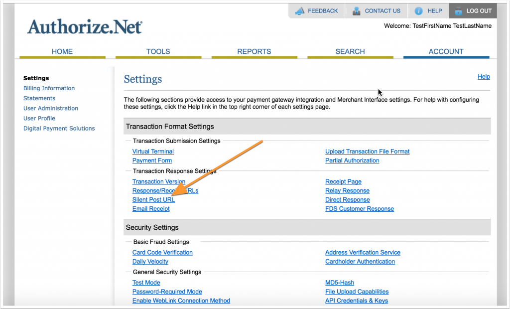 Screenshot of Authorize.Net settings page with arrow to Silent Post link