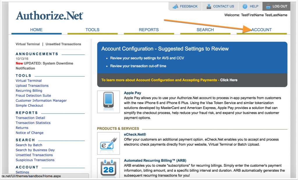 Login to your Authorize.Net account and click on Account | Charitable Screenshot of Authorize.Net account area