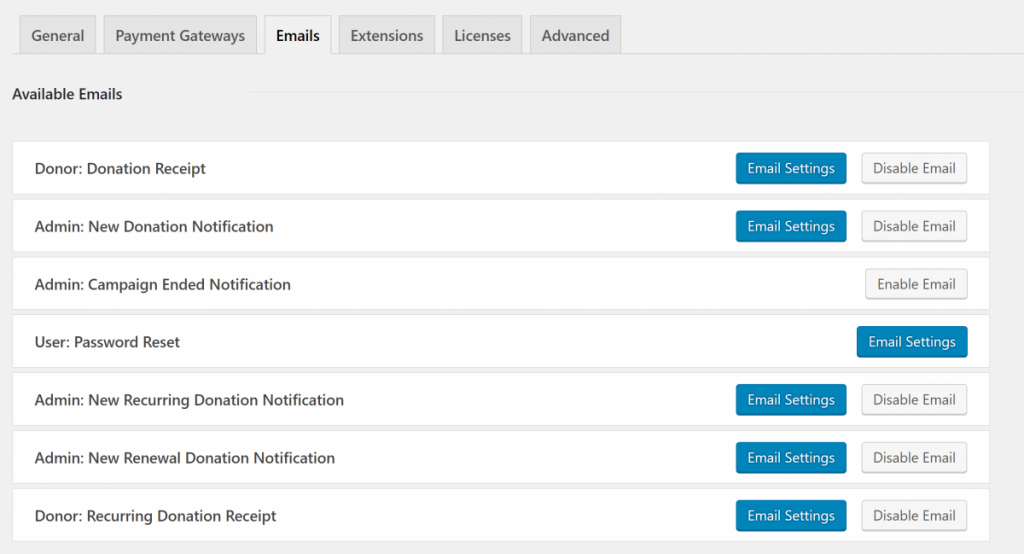 Screenshot of email settings page in Charitable