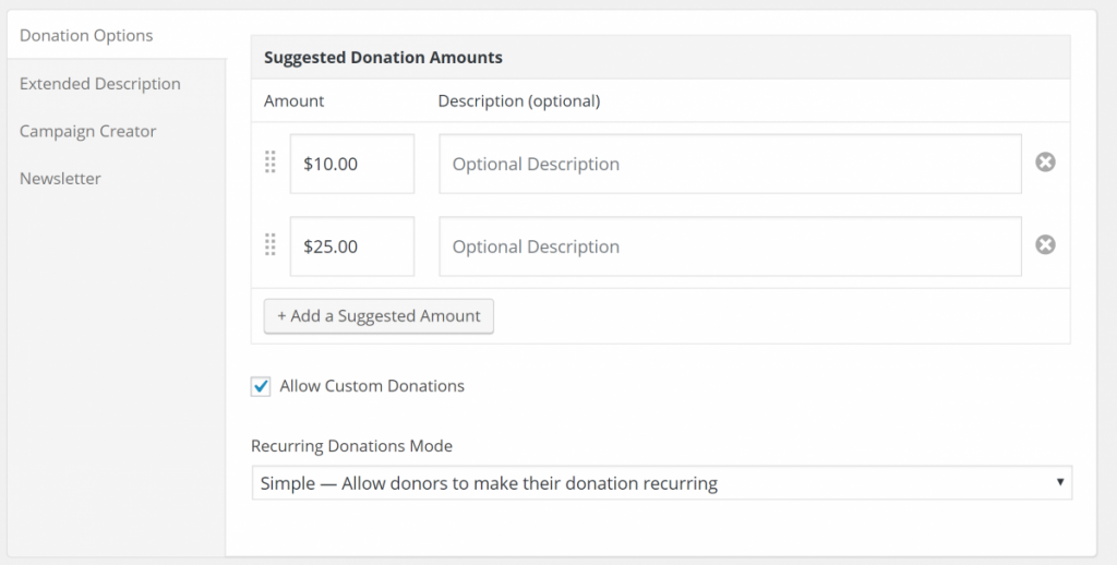 Screenshot of recurring donations settings in campaign admin