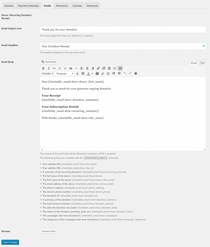 recurring-donations-receipt-1200x1416 | Charitable Configuration of Recurring Donation Receipt email. Shows Email subject, headline, body, and available shortcode tags.
