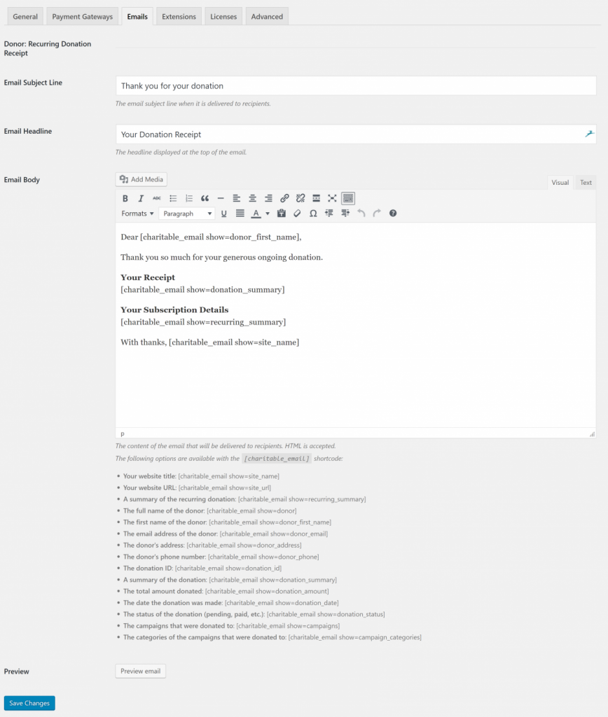 Configuration of Recurring Donation Receipt email. Shows Email subject, headline, body, and available shortcode tags.