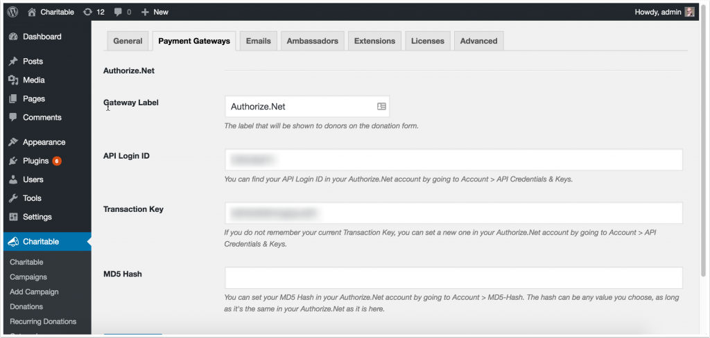 save-your-md5-hash-in-your-wordpress-dashboard | Charitable Screenshot of Charitable Authorize.Net settings page