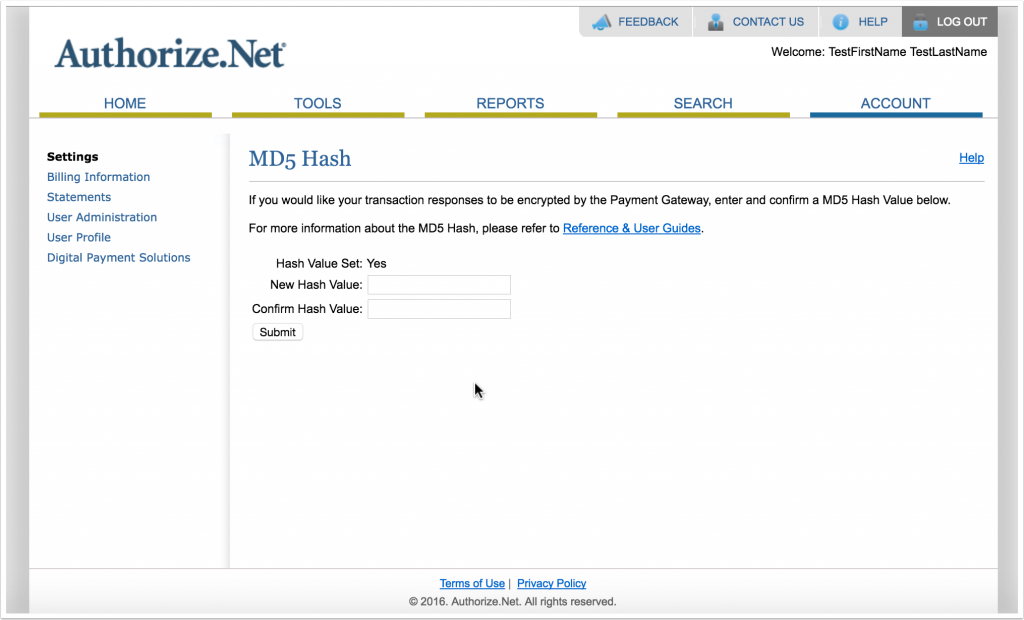 Screenshot of MD5 Hash page in Authorize.Net account area