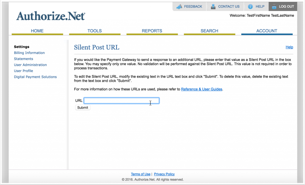 Screenshot of Silent Post URL page in Authorize.Net account area