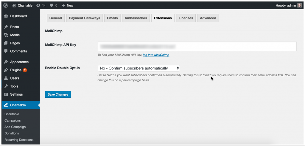 Screenshot of MailChimp configuration