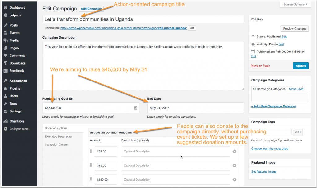 Screenshot showing how to create your fundraising campaign