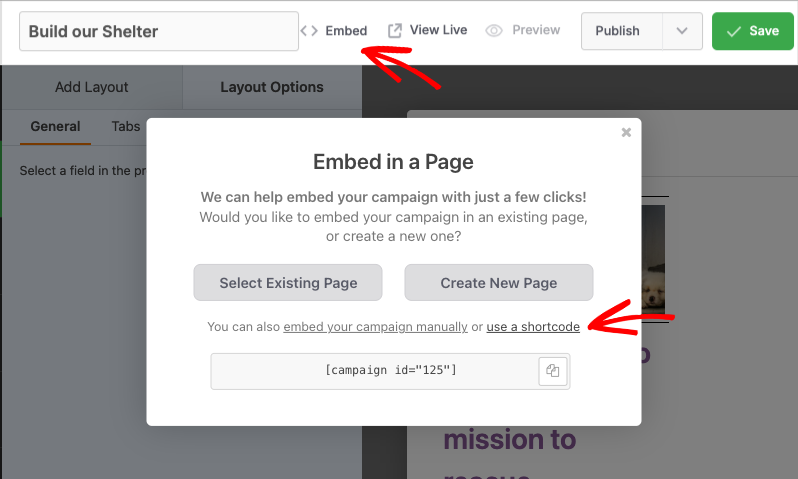 Embed wizard with shortcode | Charitable Embed wizard with shortcode