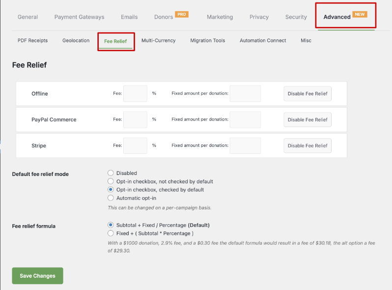 Alivio de comisiones en la configuración | Charitable Alivio de comisiones en la configuración