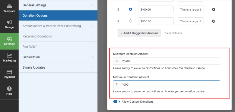 Set minimum and maximum donation amount