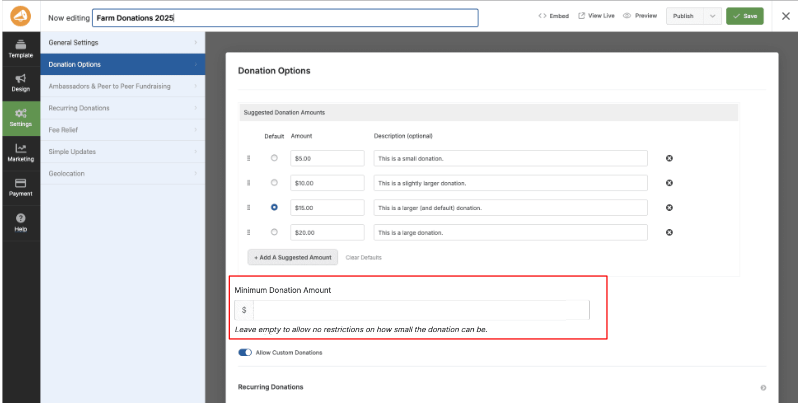set minimum donation amount | Charitable Set minimum donation amount