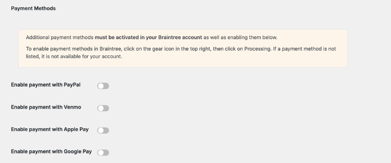 métodos de pago braintree | Charitable Sección Métodos de pago de la configuración de la pasarela Braintree, con interruptores para PayPal, Venmo, Apple Pay y Google Pay