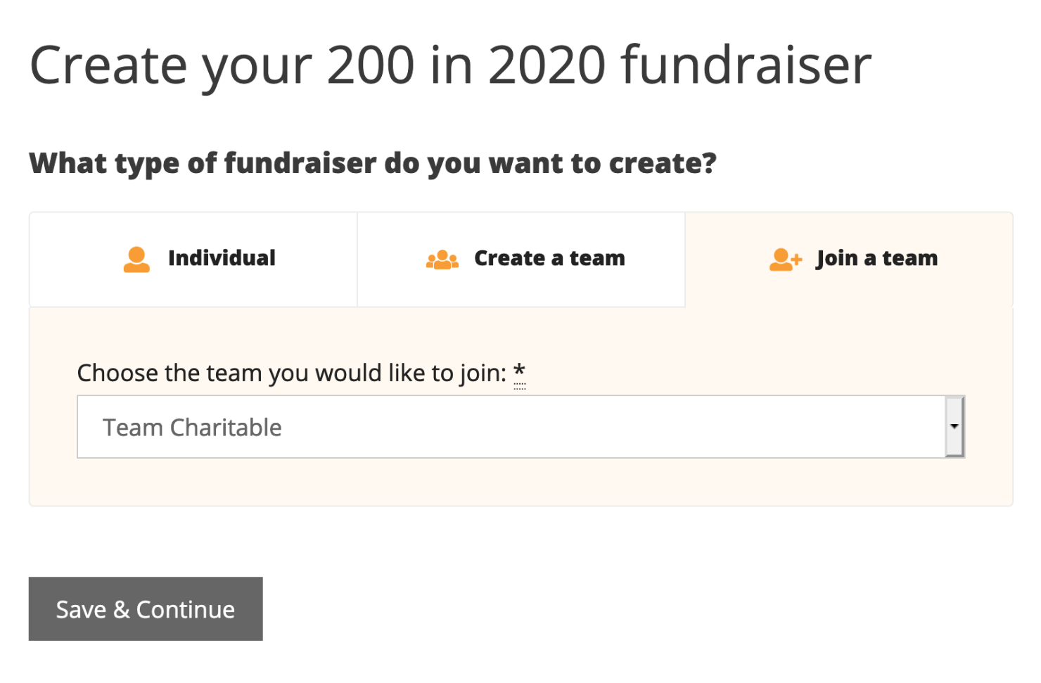 Screenshot of the fundraiser setup page