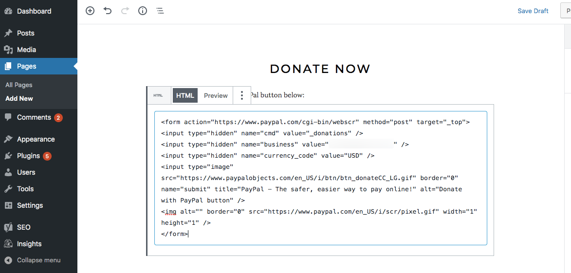 PayPal for nonprofits paste donation button HTML in WordPress