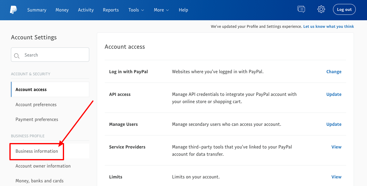 PayPal for nonprofits dashboard account settings page