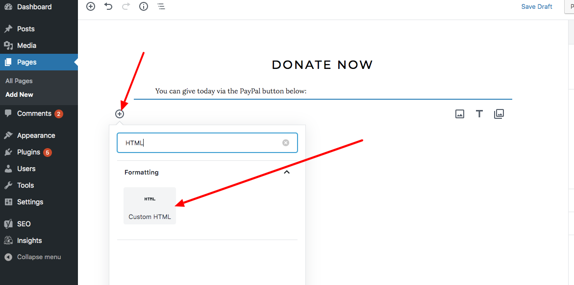 PayPal for nonprofits add donation button to WordPress page