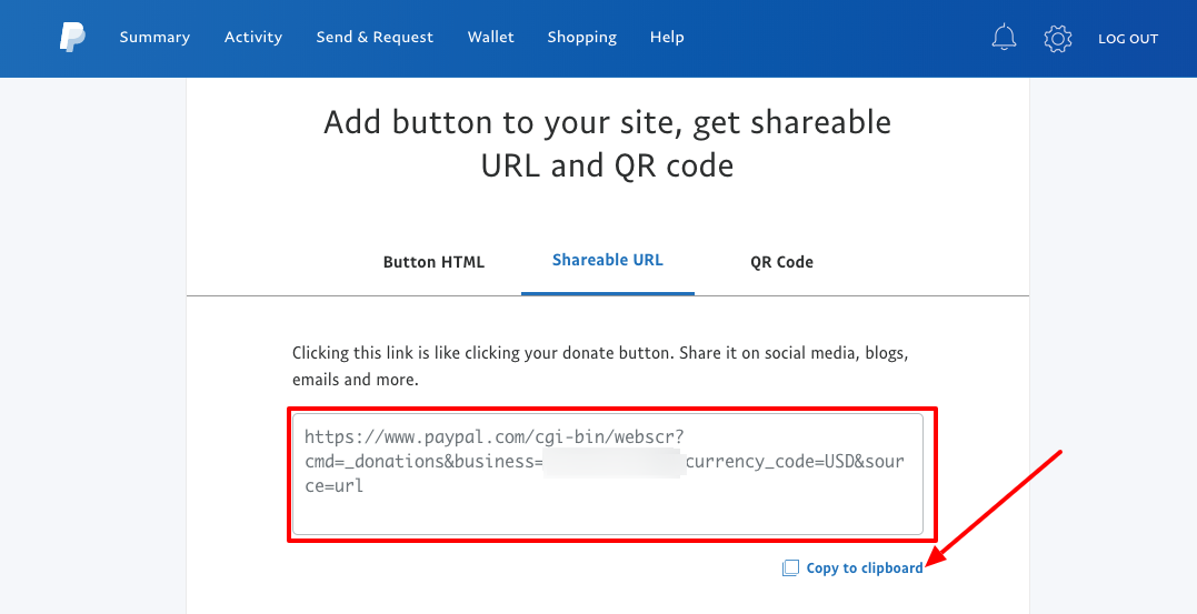 PayPal for nonprofits copy shareable URL code