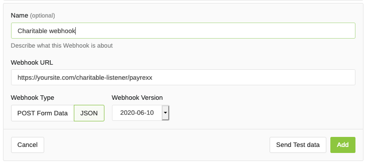 Screenshot showing the form used to create a new webhook in Payrexx.