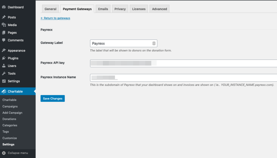 Screenshot showing the Payrexx settings page for Charitable in the WordPress dashboard.