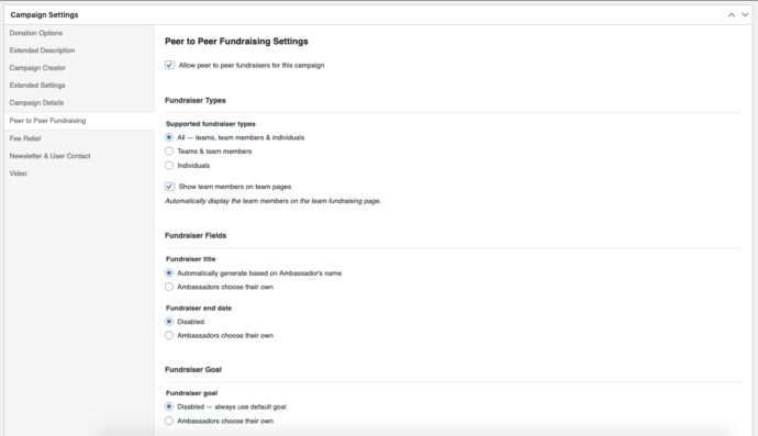 Screenshot of peer-to-peer fundraising campaign settings in WordRress