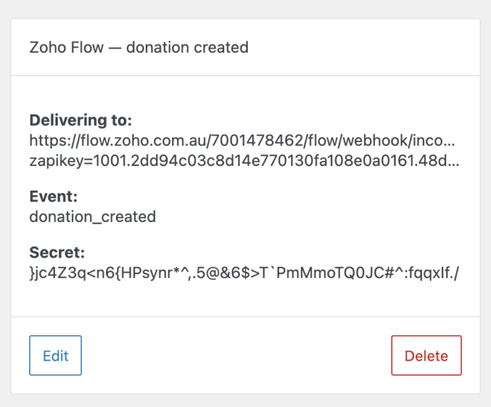 An-active-webhook-subscription-with-Edit-Delete-buttons | Charitable