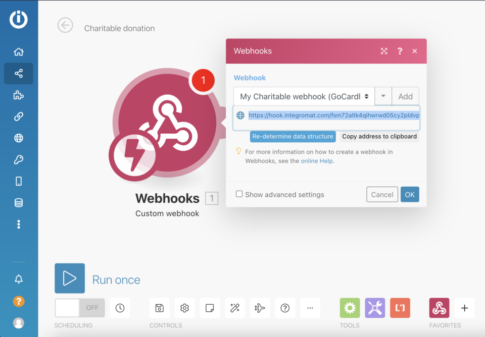 Integromat-Scenario-with-a-Custom-webhook-as-the-Trigger | Charitable