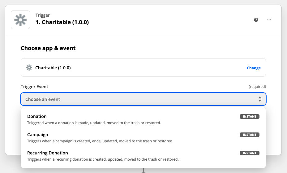Selecting-a-trigger-event-for-Charitable-in-Zapier- | Charitable